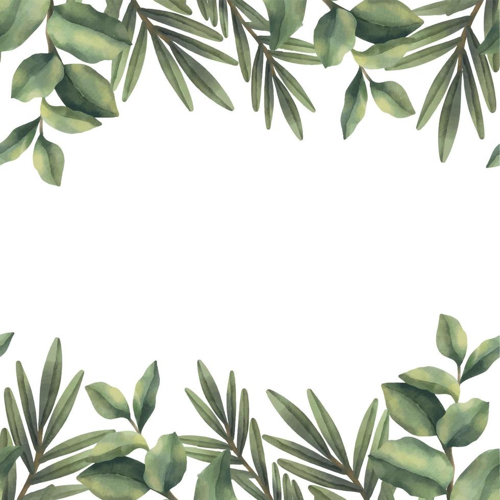 Watercolor frame of green tropical branches. Hand painted floral border with tree branches isolated on white background. vector