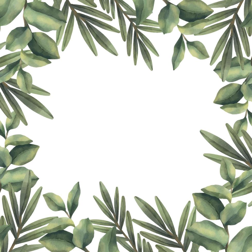 marco de acuarela de ramas tropicales verdes. Borde floral pintado a mano con ramas de árboles aisladas sobre fondo blanco. vector