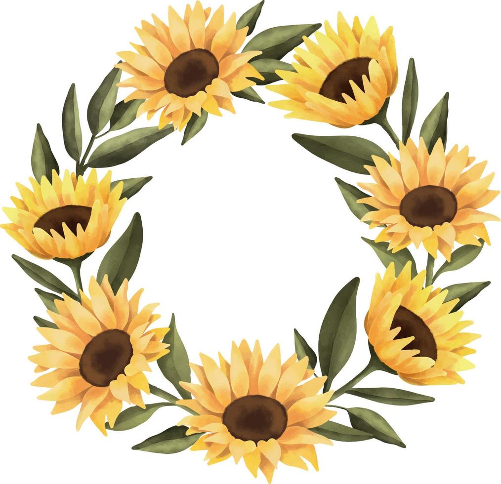 Watercolor wreath of sunflower. Hand painted floral circle border with flower isolated on white background. vector