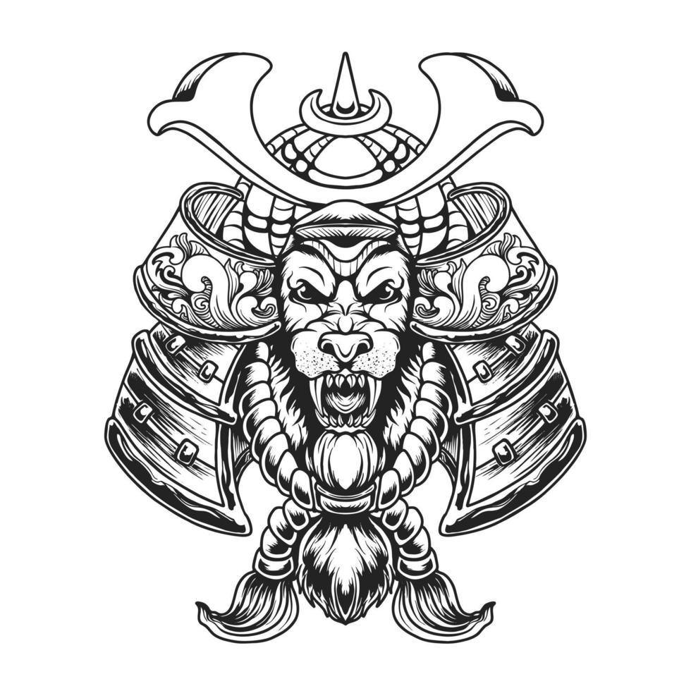 Japanese Lion Head Samurai Vector Illustration T shirt Design