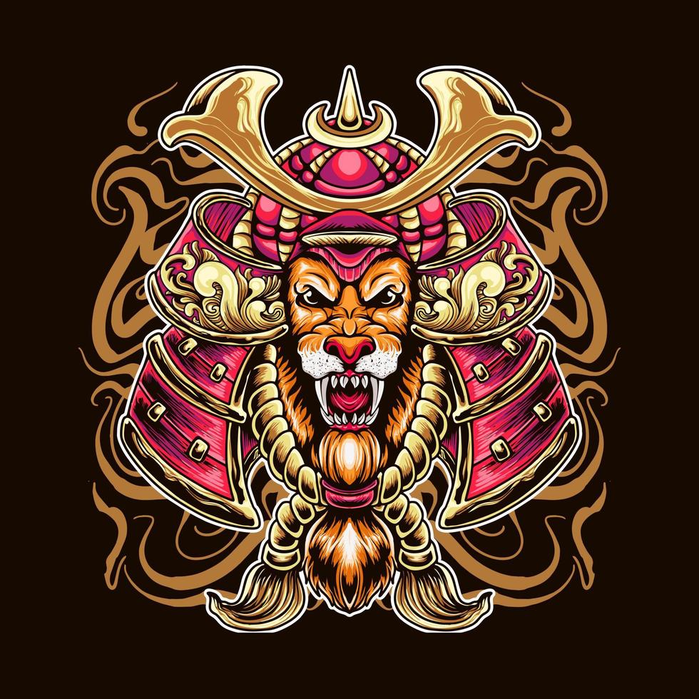 diseño de camiseta de ilustración de vector de samurai de cabeza de león japonés