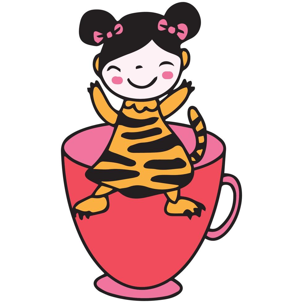 niño pequeño dibujado a mano en traje de tigre sentado en la ilustración de la taza de té vector