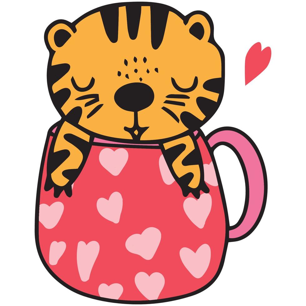 hand drawn cute tiger and fancy cup illustration vector