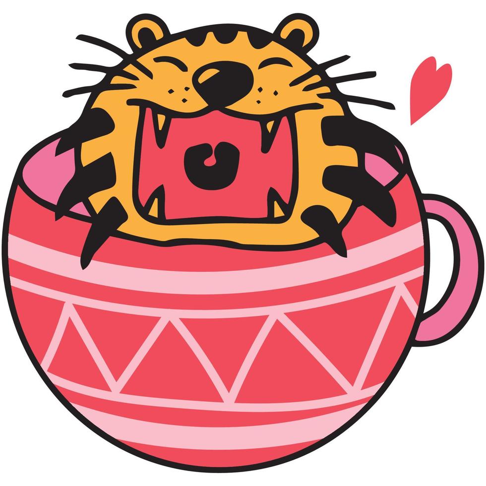 hand drawn cute tiger and fancy cup illustration vector
