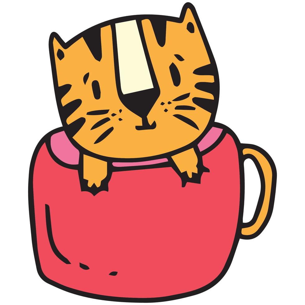 hand drawn cute tiger and fancy cup illustration vector