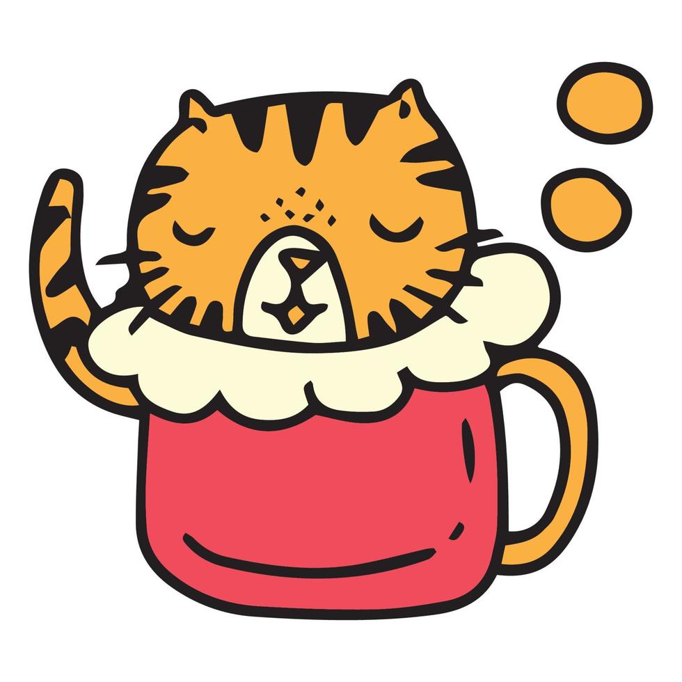 hand drawn cute tiger and fancy cup illustration vector