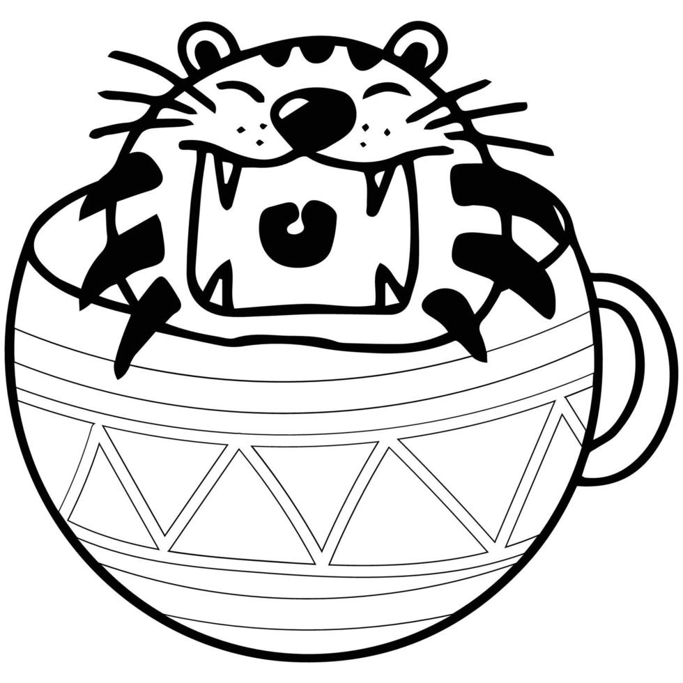 cute tiger in coffee mug, tea cup hand drawn doodle art illustration. vector