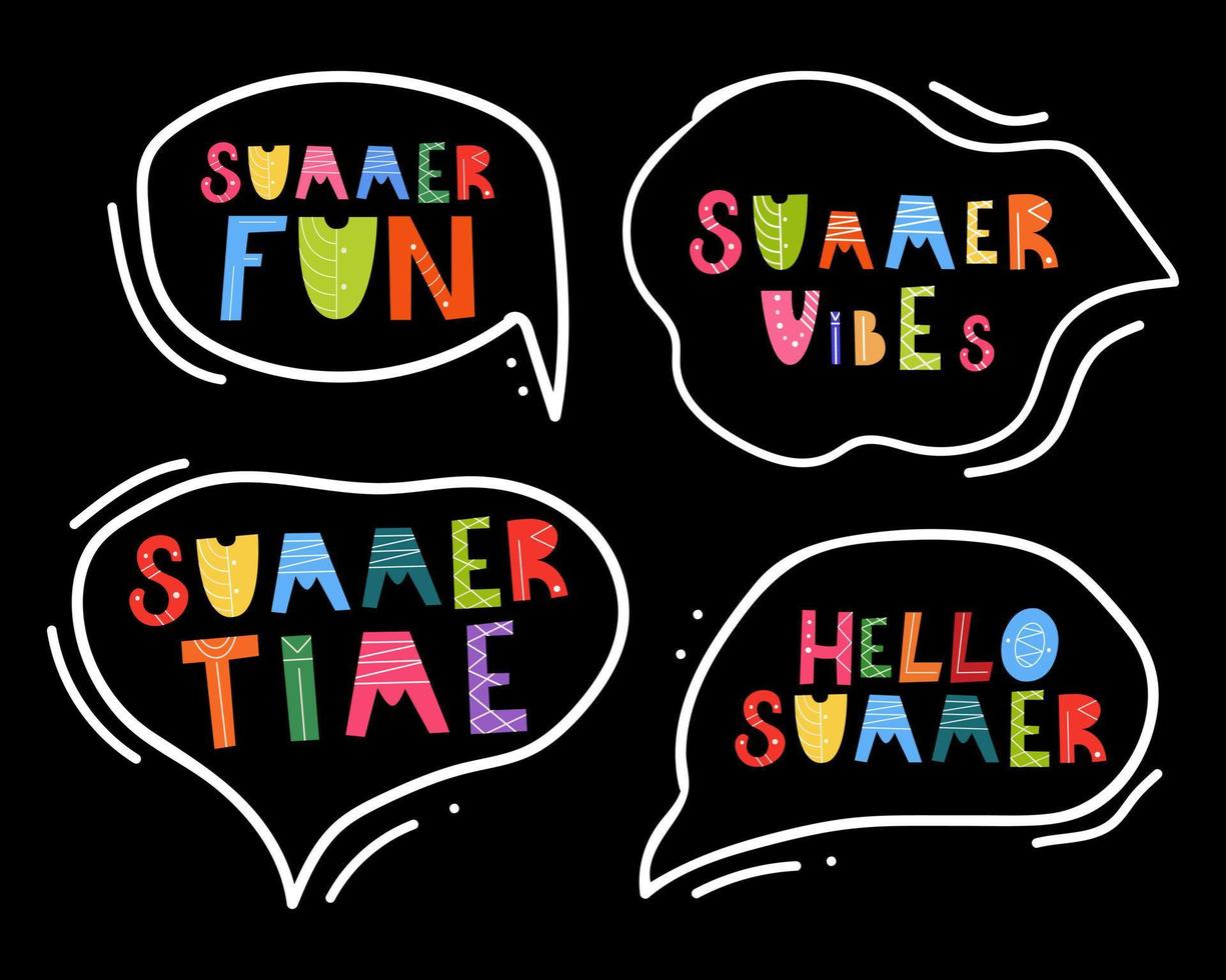 set of bubble with summer lettering. Bright, funny phrases on a dark background. Print for postcards, t-shirts, blog design, notebooks. Vector illustration, cartoon