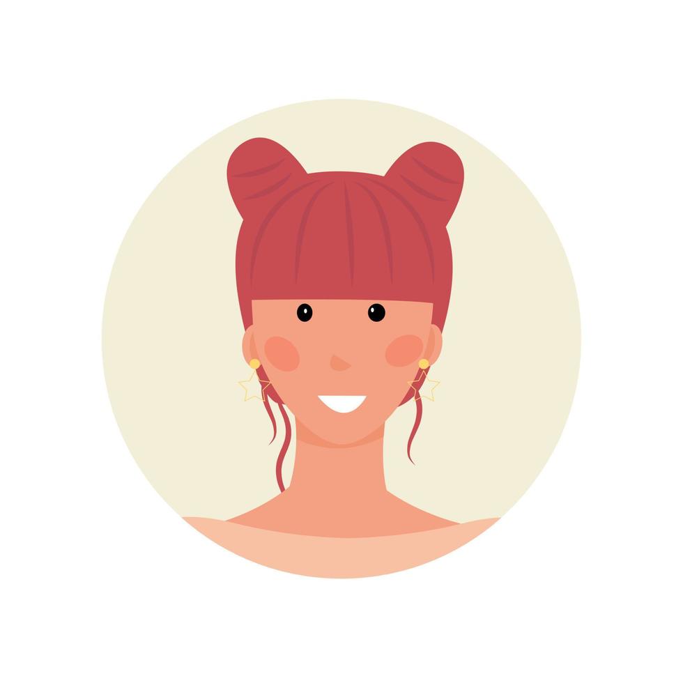 avatar smiling girl with two bundles of hair. The hairstyle is pink. Unique youth badge for forums, emails, chatbots, support. Vector illustration.