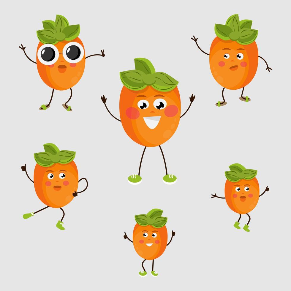 Set of isolated images of persimmons. Cartoon fruit jumping, dancing, raising his hands up. Cute, funny characters, various emotions. Vector illustration