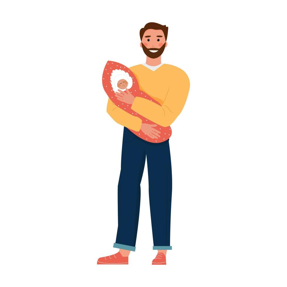 cartoon bearded man with a baby in his arms. Isolated image of an adult and a newborn child. Registration of benefits, single, happy parent. Father's Day. Vector illustration, flat