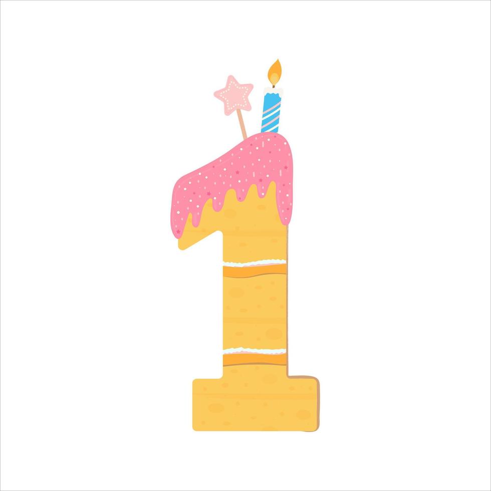Number one birthday cake with pink frosting, lollipop and lit candle. Design element isolate on white background. Sponge cake with cream and layer. Vector illustration in simple cartoon style