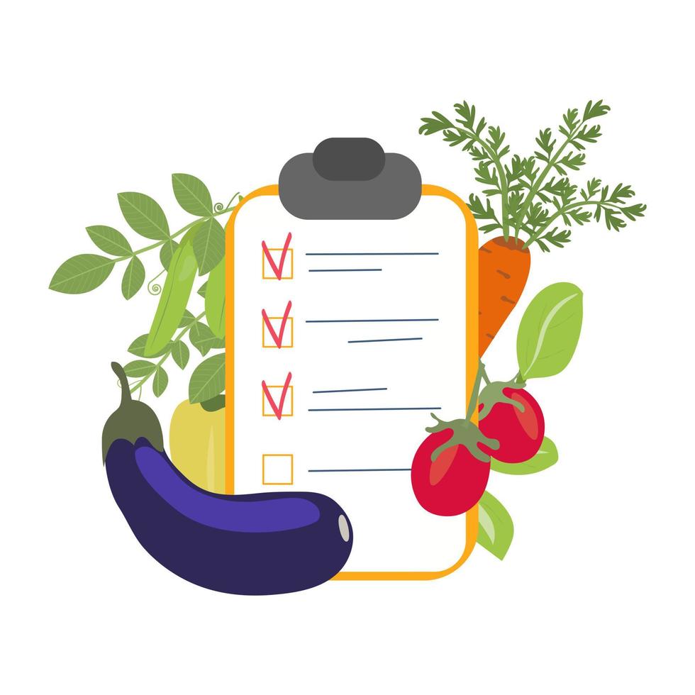 Healthy food shopping list concept flat vector illustration. Healthy vegetables for a balanced meal with vitamins, herbs and fresh produce. Vector graphics.
