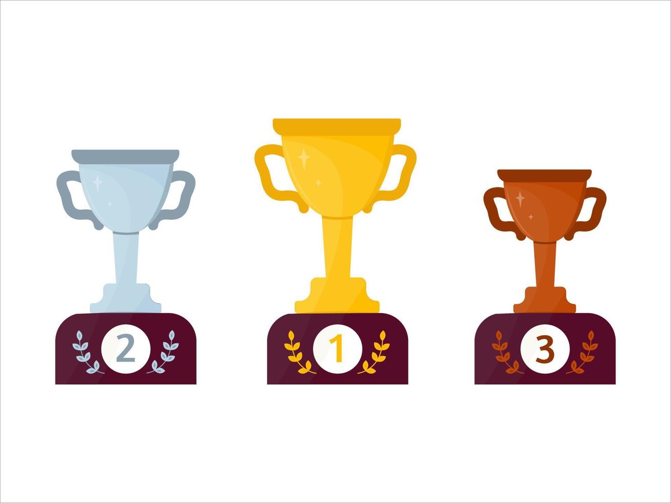 Trophies gold, silver, bronze cups. 1, 2, 3 places on the podium. Isolated over white background. Flat, vector illustration.