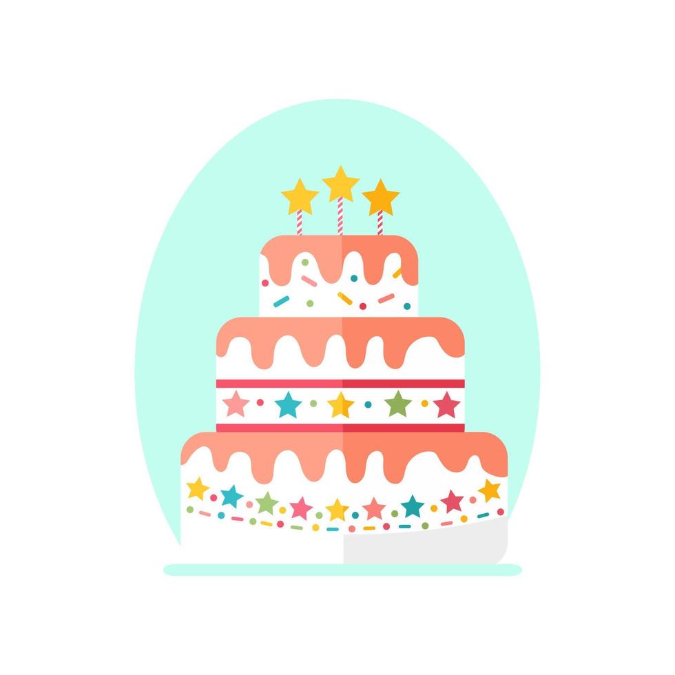 Three-tiered cake. White cake with pink cream, bright sprinkles in the form of stars, circles and sticks. There are three stars on top. Festive birthday biscuit. Vector illustration, flat