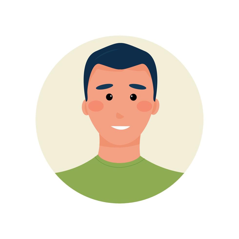 avatar of a young smiling guy in a green t-shirt. Portrait of a student, partner, sales manager. For advice, bots, support. Vector illustration, flat