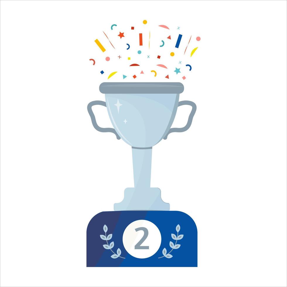 silver trophy. Cup 2 prize place. Winner symbol. Confetti in honor of the victory. Design element for applications, certificates, contests, competitions. Vector illustration. Flat.