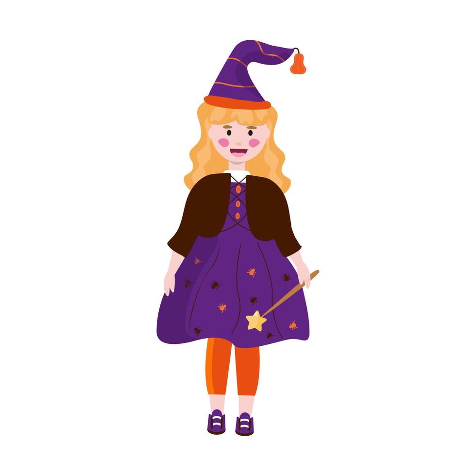 girl dressed as a witch smiling. Isolated image of a cartoon child in a fancy dress. Celebrating Halloween. Advertising of children's costumes, sweets. Vector illustration, flat