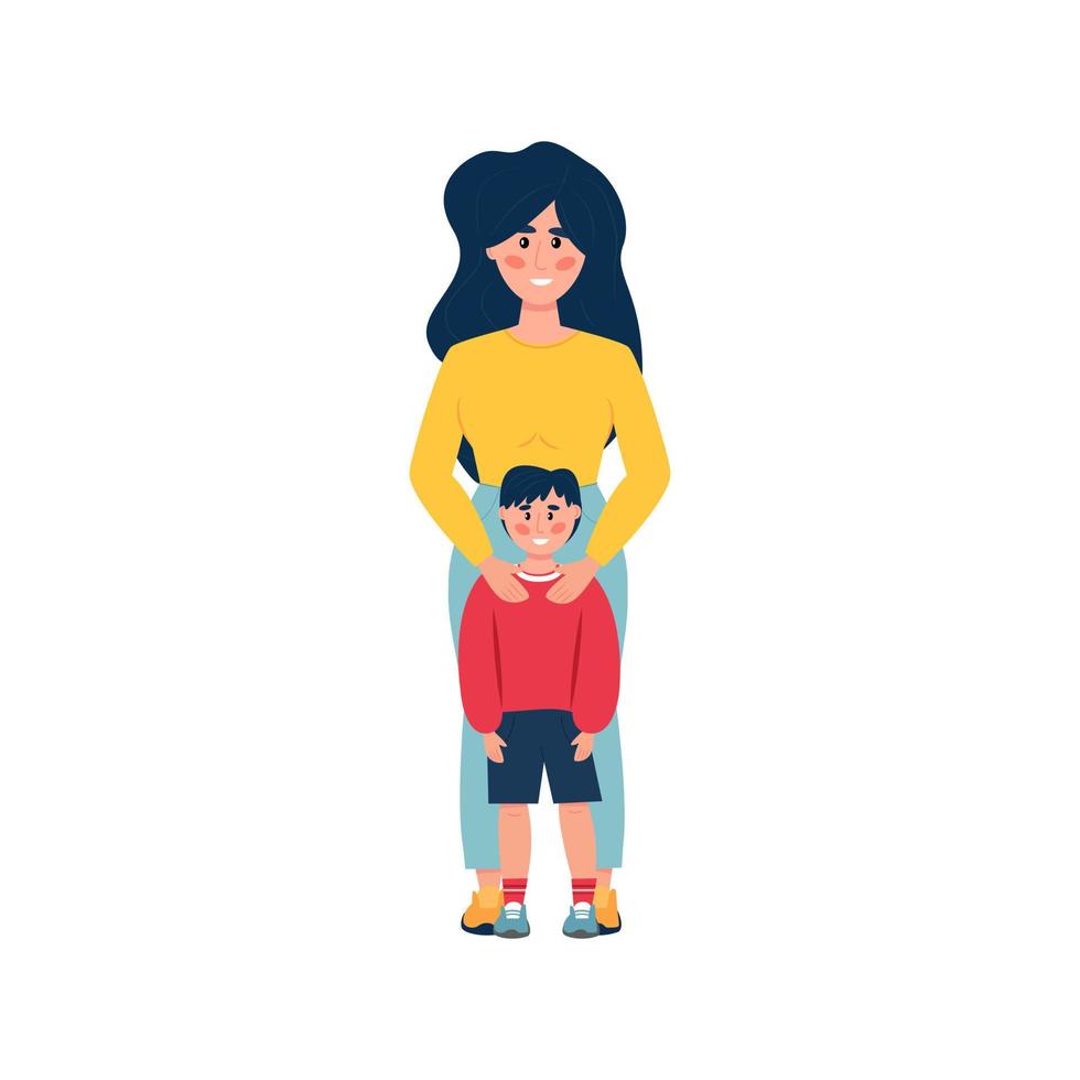 mamá e hijo en pleno crecimiento. mamá abraza a su hijo. personajes aislados. gente guapa para blogs, manuales, folletos, puestos escolares, pruebas psicológicas, etc. ilustración vectorial en un estilo plano vector