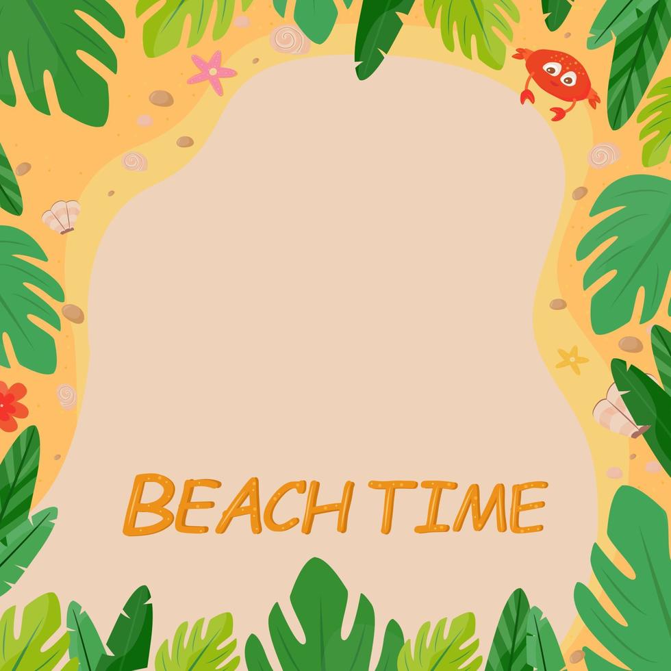 universal background for design vector of sand and palm leaves. Template for postcards, advertisements, labels, business cards and posters. Beach time. Vector illustration, simple cartoon style