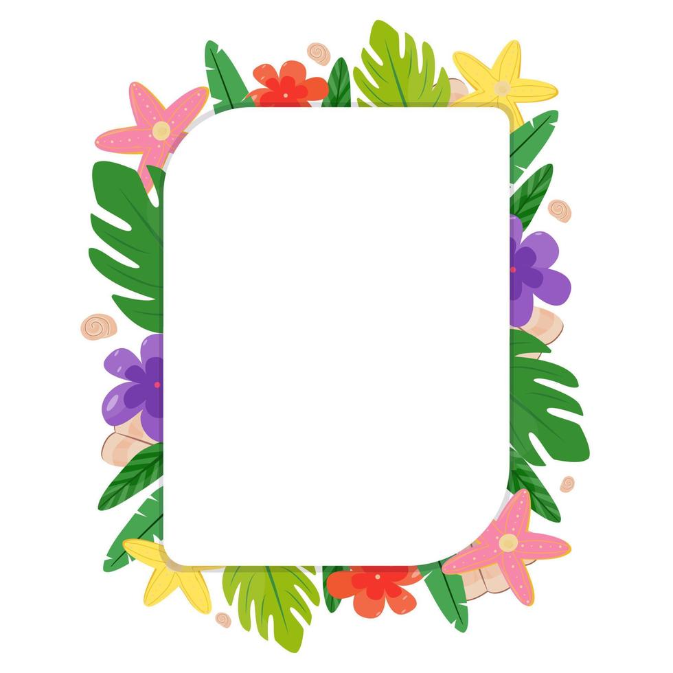 bright summer template. Cute cartoon frame made of tropical leaves, flowers, seashells, starfishes. Universal design for notebooks, photo frames, social networks, price tags. Vector illustration, flat