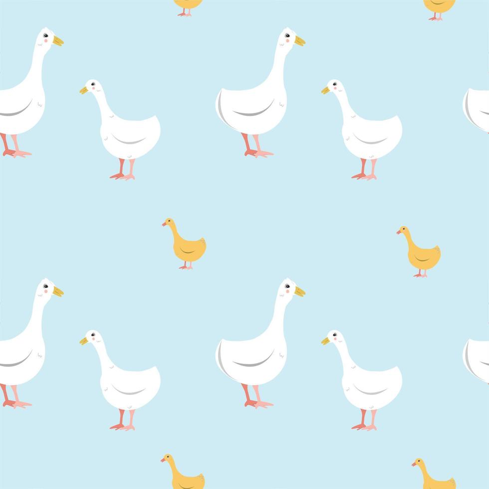 seamless pattern of geese and goslings on blue background. Minimalistic print for printing on fabric, paper, background screensavers. Lovely birds. Vector illustration, cartoon style