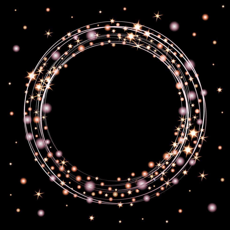round frame made of gold and bronze stars, balls on a black background. Stylish template for the design of Christmas cards, wedding invitations, sales and discount advertisements. Vector illustration