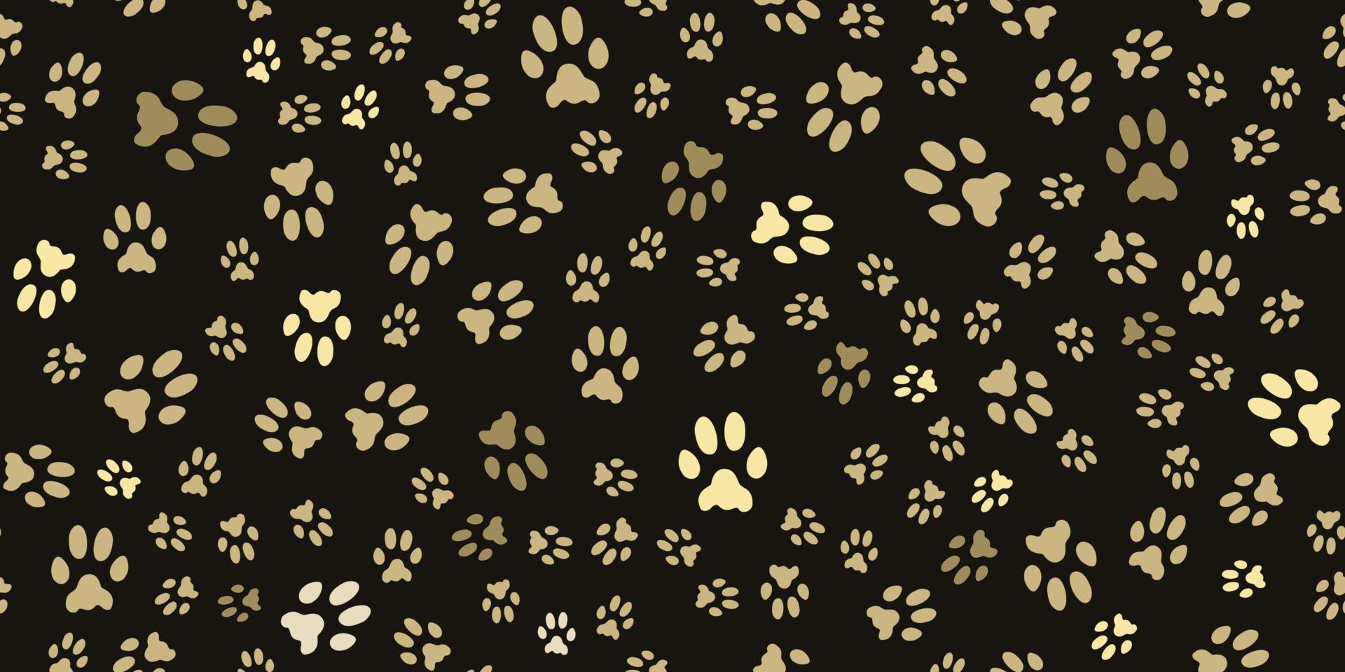 huellas de mascotas de patrones sin fisuras horizontales. Huella animal. huellas doradas de huellas de un gato, perro sobre un fondo negro. siluetas de huellas de mascotas. linda textura. vector. vector