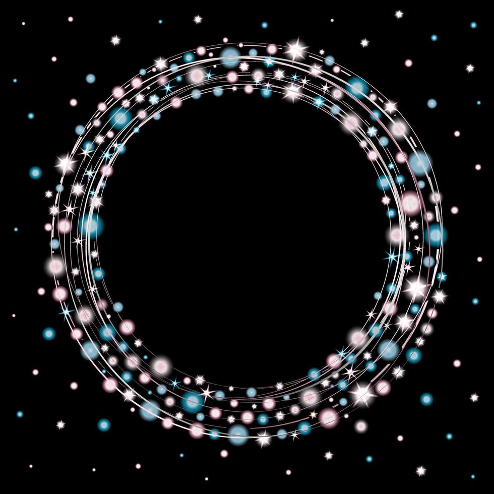 festive round frame with bright twinkling balls and stars for the design of cards, invitations and banners. A scattering of balls. Stylish Christmas template for modern design. Vector illustration