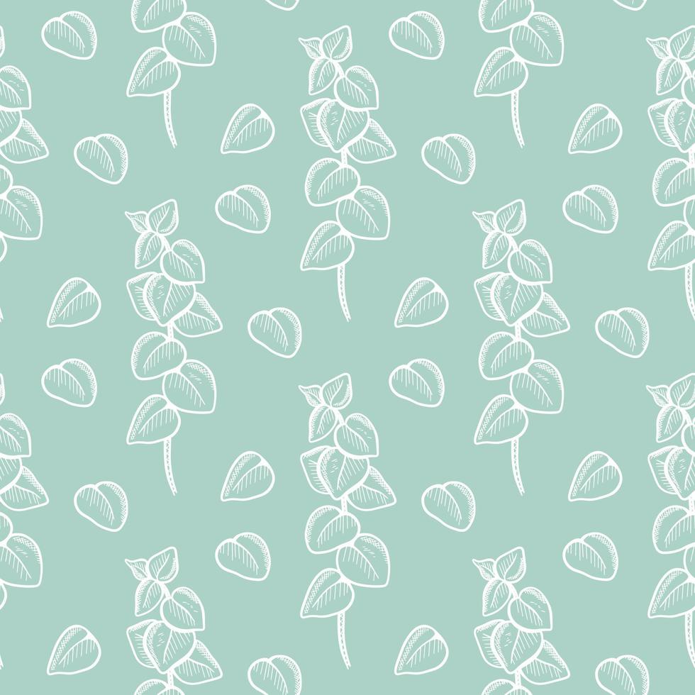 White sprigs of eucalyptus on green background seamless pattern vector