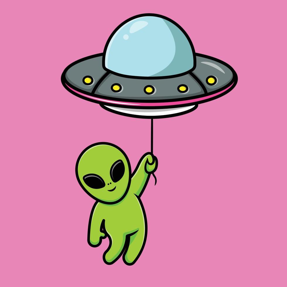 Cute Alien Floating With Ufo Cartoon Vector Icon Illustration. Animal Nature Icon Concept Isolated Premium Vector. Flat Cartoon Style