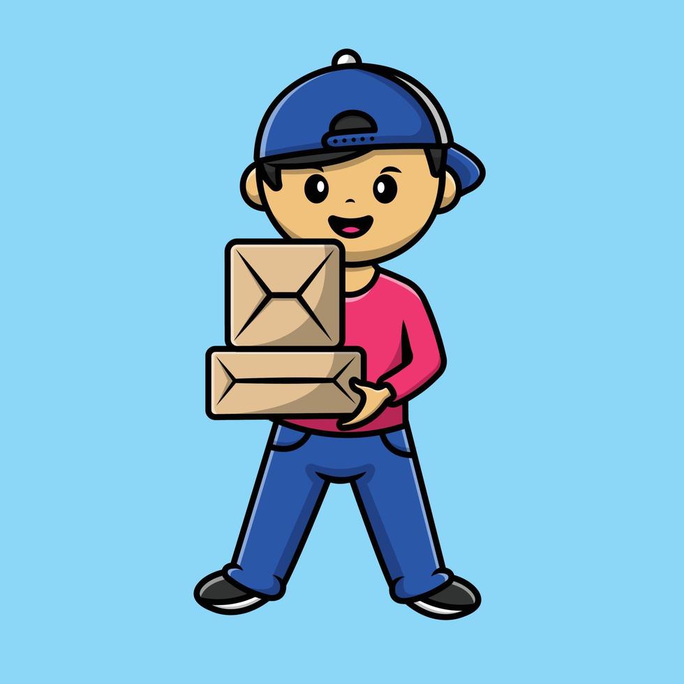 Cute Courier Boy Holding Package Cartoon Vector Icon Illustration. People Bussines Icon Concept Isolated Premium Vector.