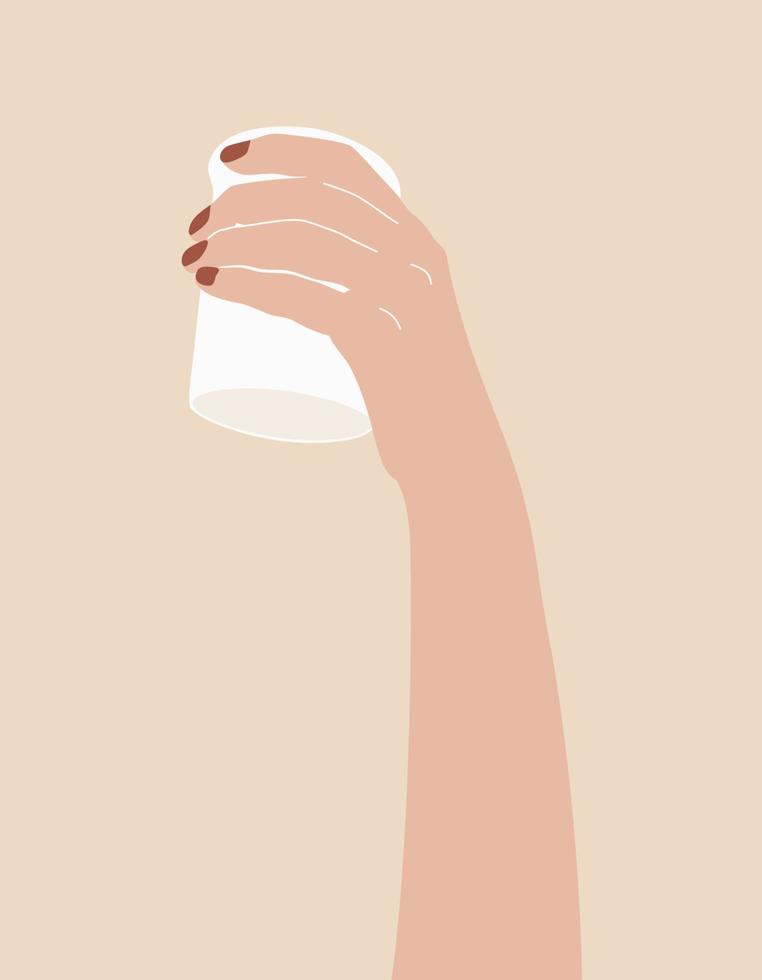 Female hand holding mug. Flat cartoon vector illustration.