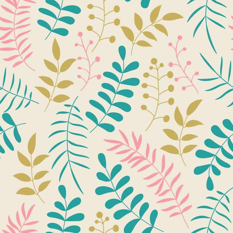Cute colorful floral seamless pattern with branches and leaves. Doodle forest background. vector
