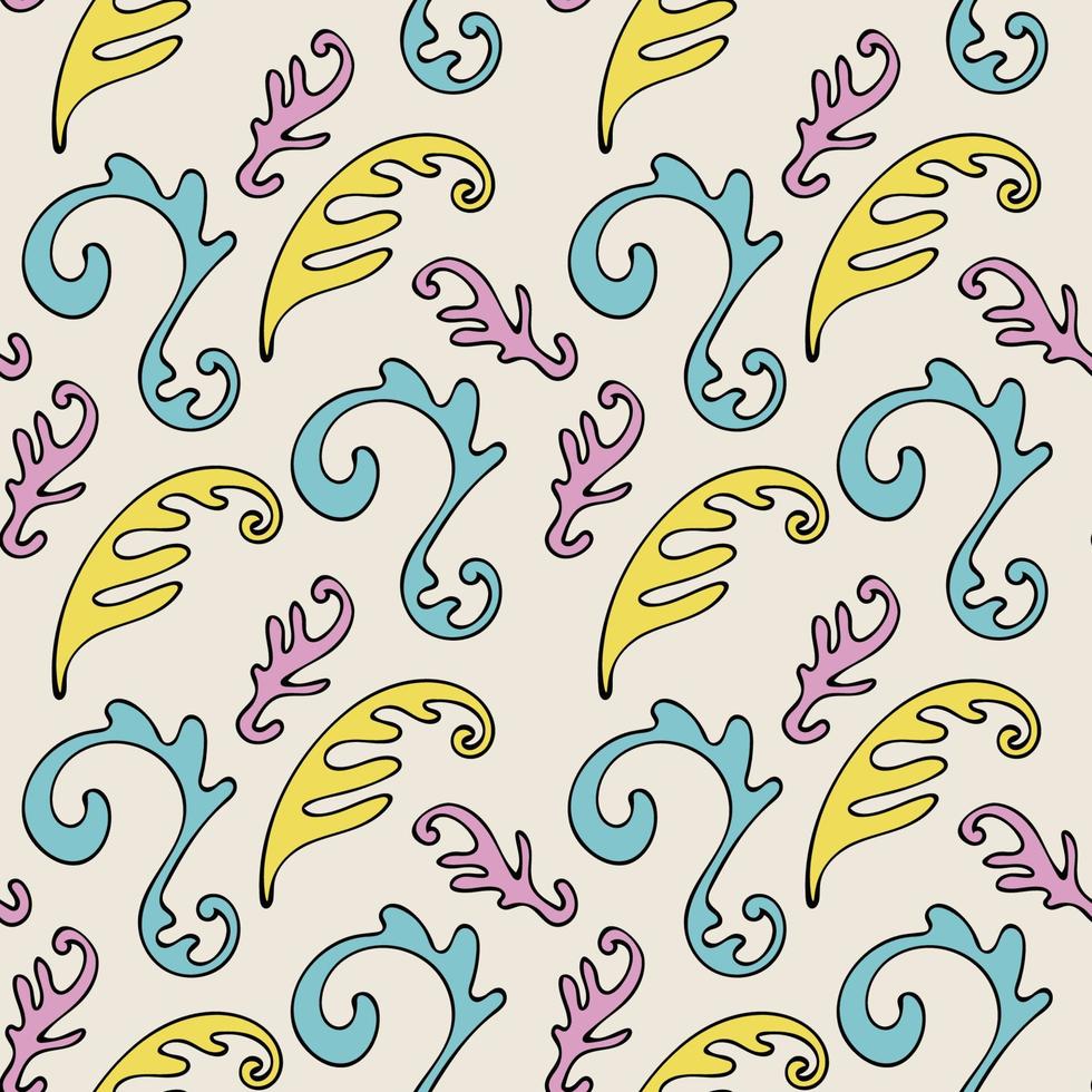Colorful abstract seamless pattern with organic shapes, floral curls, leaves. vector