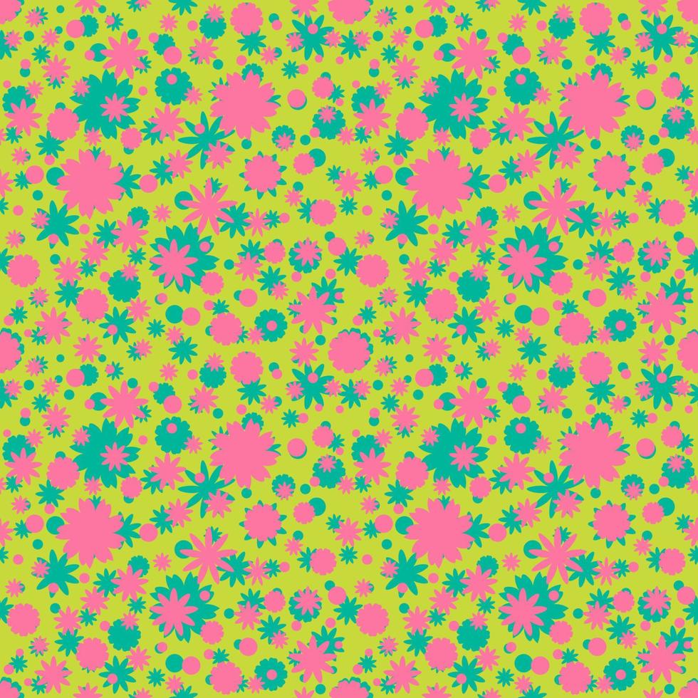 Seamless pattern with pink, green ditsy flowers, dots on green background. Floral background. vector