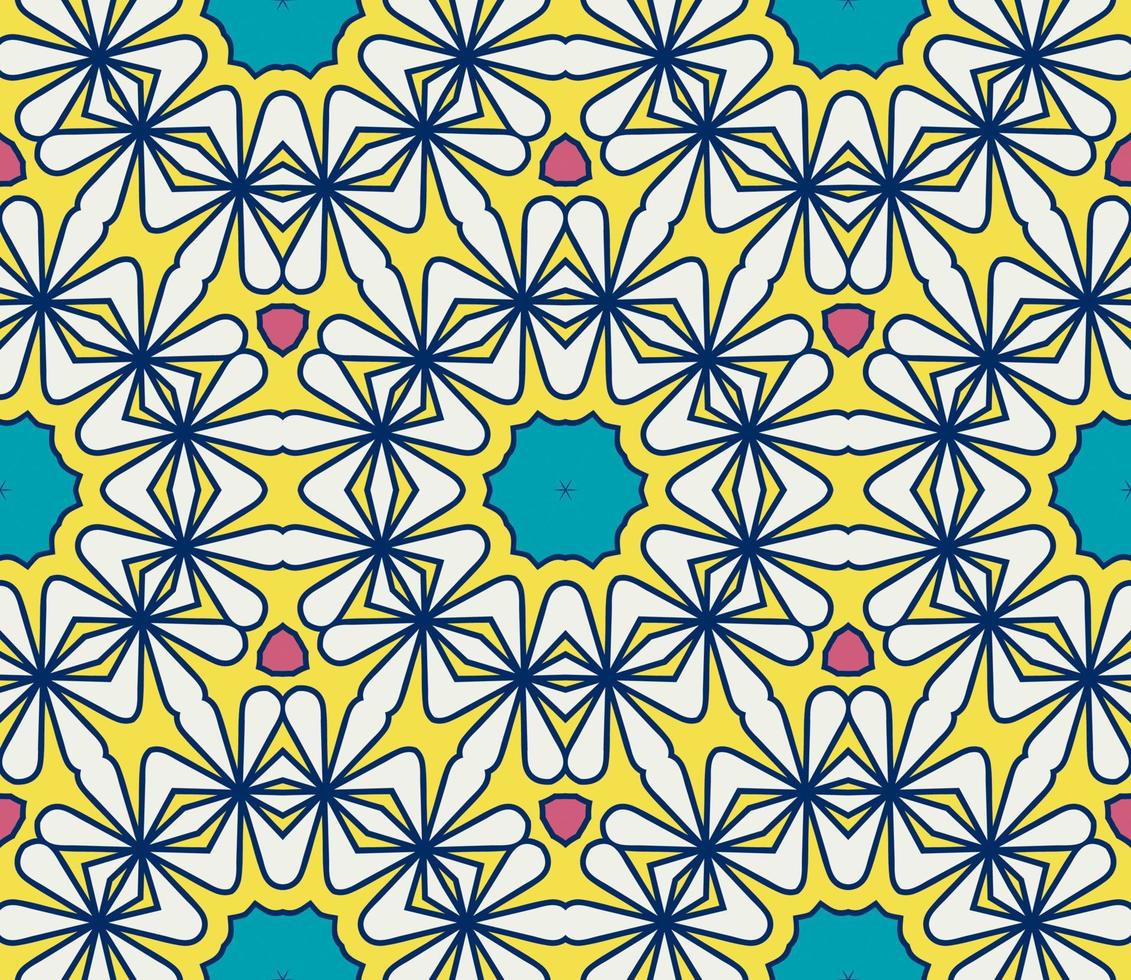 Abstract colorful doodle geometric flower seamless pattern. Floral background. Kaleidoscope mosaic, geo tile of thin line ornament. vector