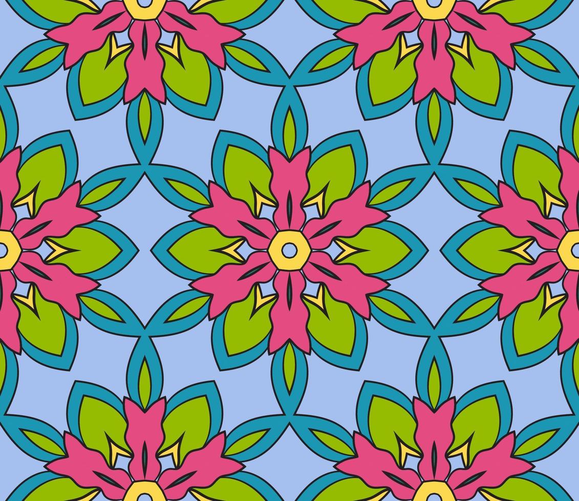 Abstract colorful doodle geometric flower seamless pattern. Floral background. Kaleidoscope mosaic, geo tile of thin line ornament. vector