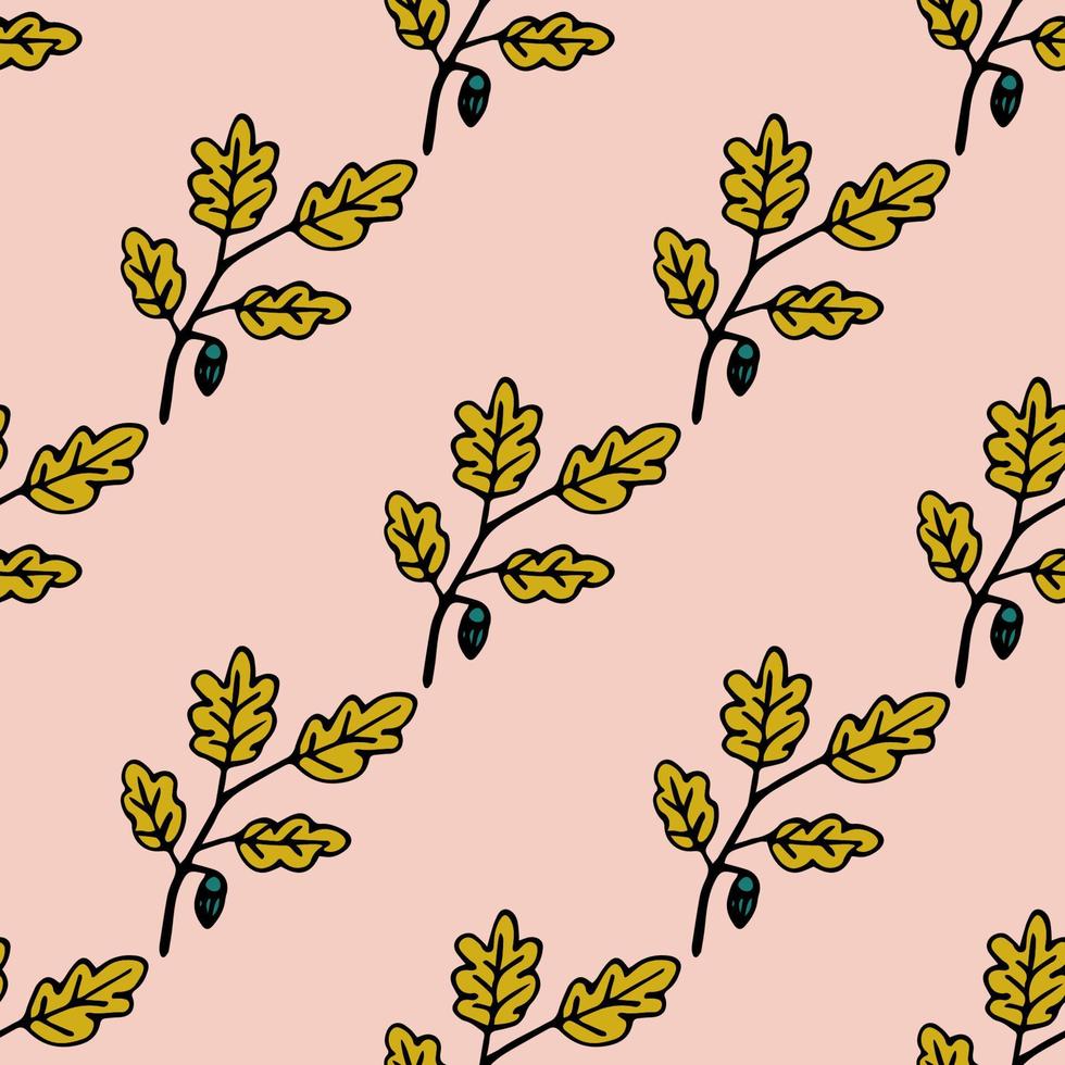 Seamless pattern with hand drawn autumn oak leaves, branches and acorns. Doodle colorful autumn background. Cute infinity wrapping paper. vector