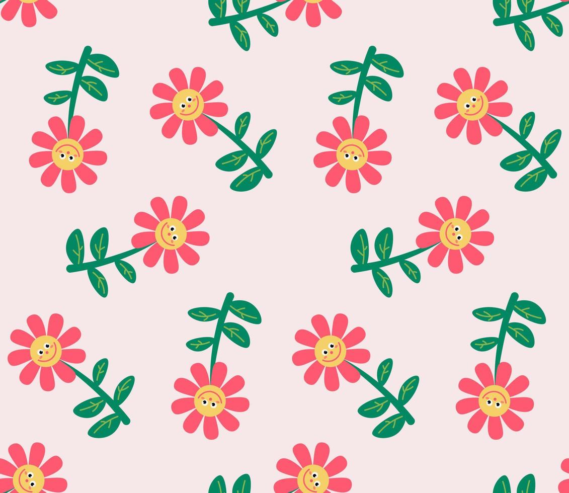 Cute cartoon flower characters in flat style seamless pattern. Floral childlike style mosaic background. vector