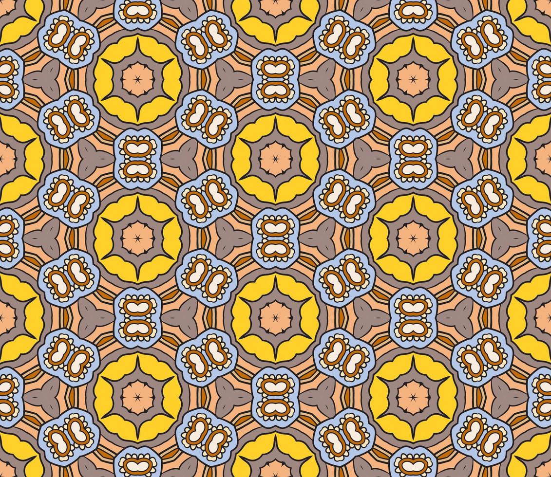 Abstract colorful doodle geometric flower seamless pattern. Floral background. Kaleidoscope mosaic, geo tile of thin line ornament. vector