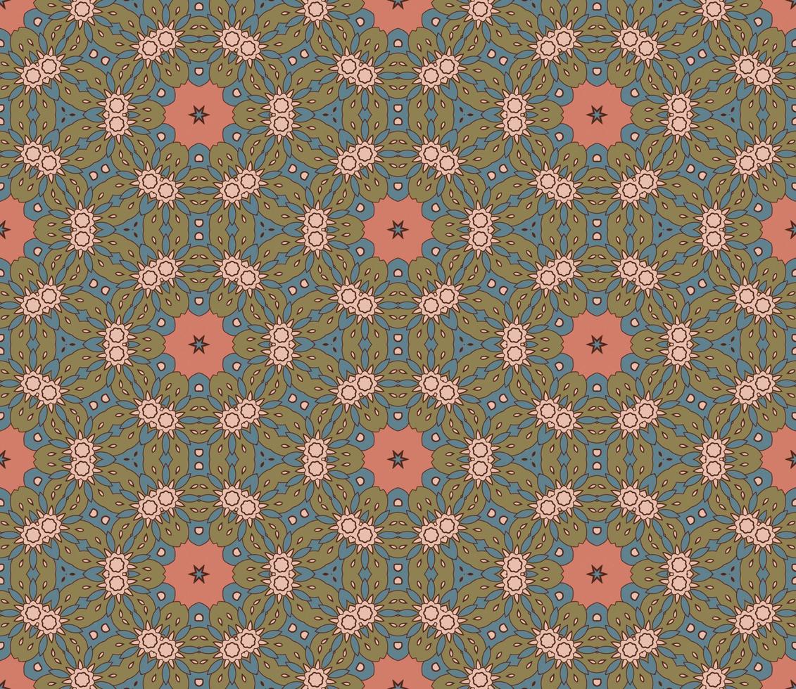 Abstract colorful doodle geometric flower seamless pattern. Floral background. Kaleidoscope mosaic, geo tile of thin line ornament. vector