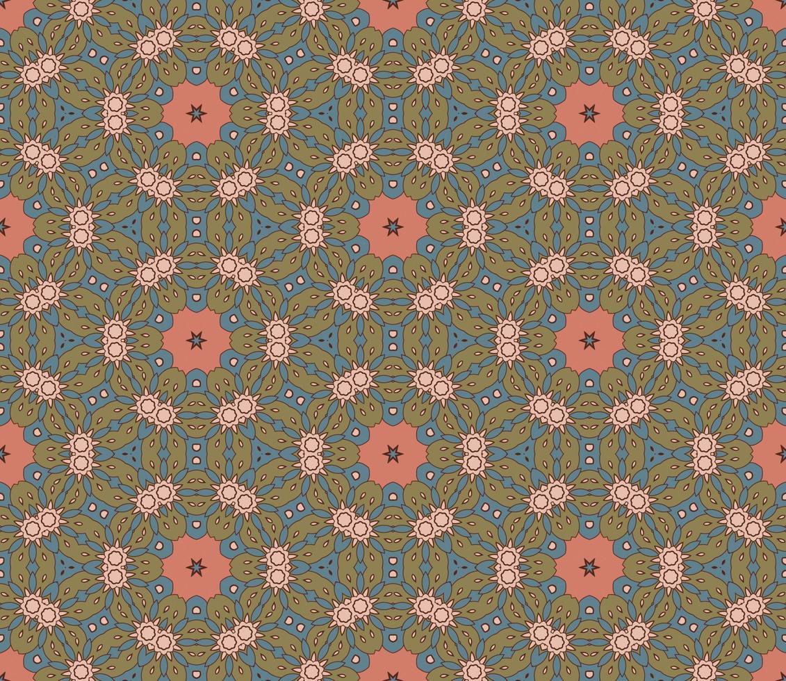 Abstract colorful doodle geometric flower seamless pattern. Floral background. Kaleidoscope mosaic, geo tile of thin line ornament. vector