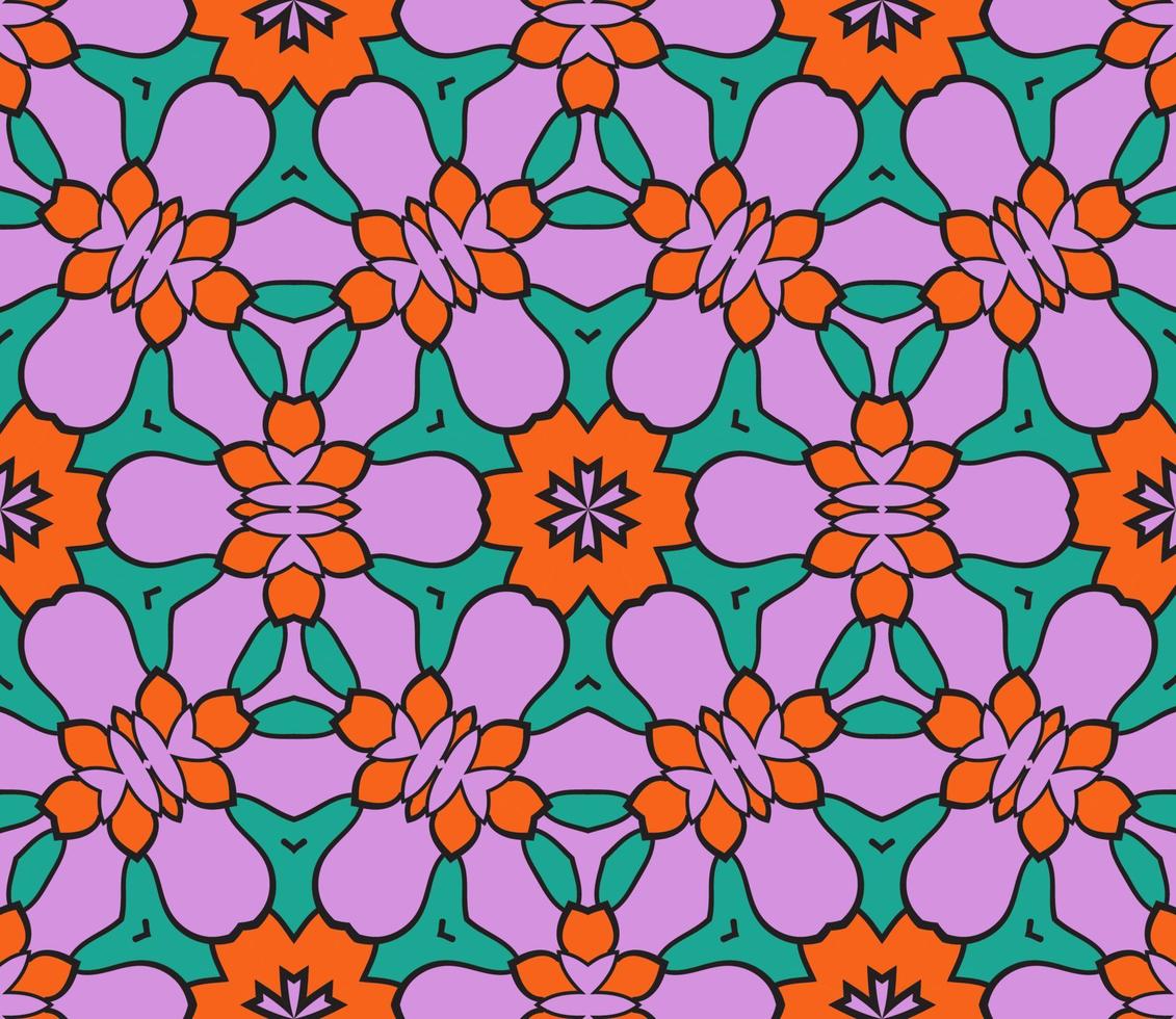 Abstract colorful doodle geometric flower seamless pattern. Floral background. Kaleidoscope mosaic, geo tile of thin line ornament. vector