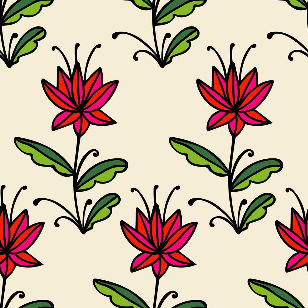 Cute floral seamless pattern with thin line doodle flowers, branches and leaves, floral background. vector