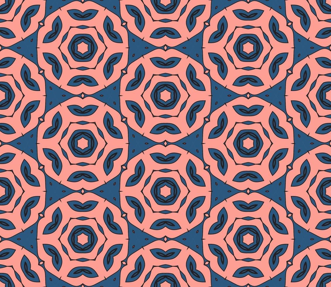 Abstract colorful doodle geometric flower seamless pattern. Floral background. Kaleidoscope mosaic, geo tile of thin line ornament. vector