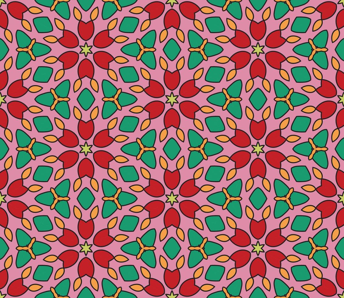 Abstract colorful doodle geometric flower seamless pattern. Floral background. Kaleidoscope mosaic, geo tile of thin line ornament. vector