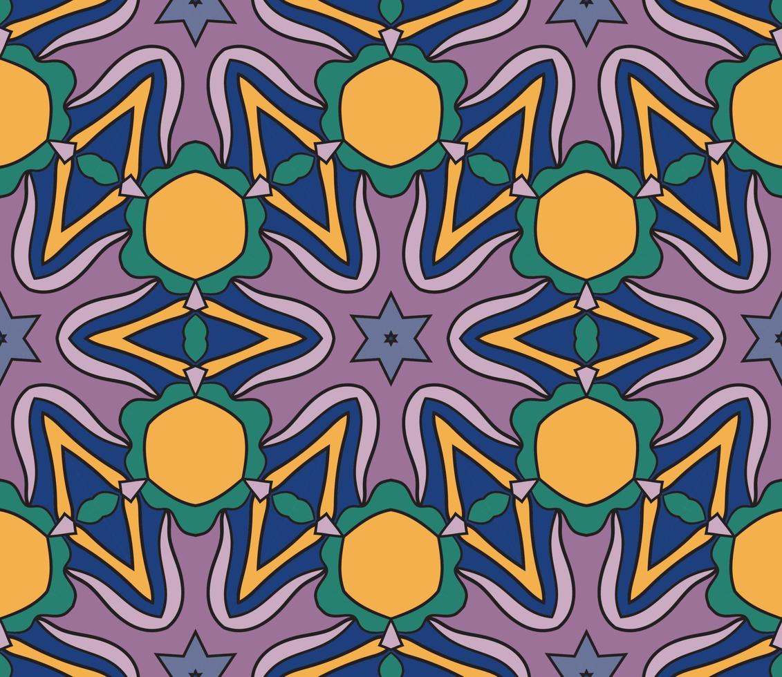 Abstract colorful doodle geometric flower seamless pattern. Floral background. Kaleidoscope mosaic, geo tile of thin line ornament. vector