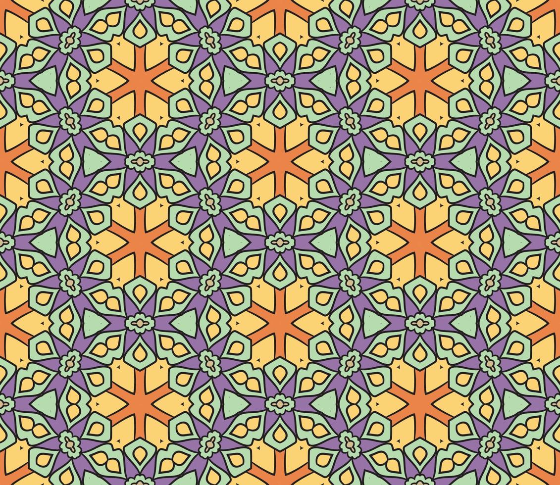Abstract colorful doodle geometric flower seamless pattern. Floral background. Kaleidoscope mosaic, geo tile of thin line ornament. vector