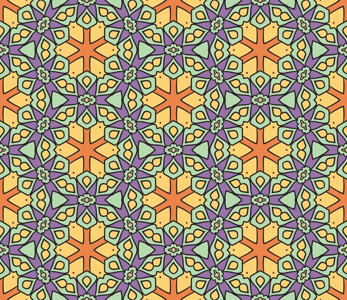 Abstract colorful doodle geometric flower seamless pattern. Floral background. Kaleidoscope mosaic, geo tile of thin line ornament. vector